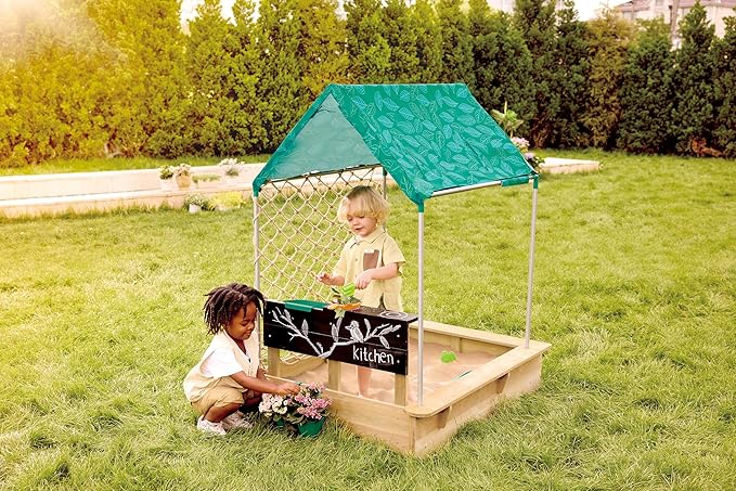 Hape All-in-one Sandbox Cabana Kit | Garden Sand Pit with Waterproof Sunshade, Activity Table, Water Play Station, Roleplay Kitchen and More | Outdoor Sandpit with Garden Toys