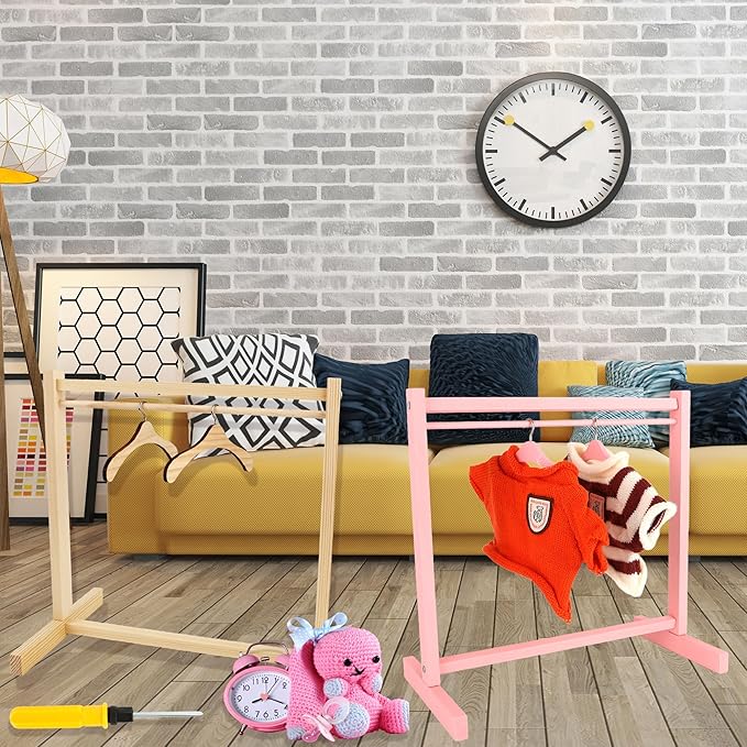 26 Pcs Wood Doll Garment Rack with Wooden Clothes Hanger Mini Wooden Girl Doll Clothes Hanger Organizer Storage Shelf for 18 Inch Girl Doll Clothes Baby Dollhouse (Color Set 2)