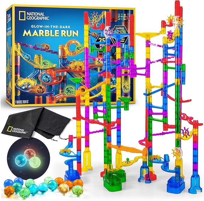 NATIONAL GEOGRAPHIC Glowing Marble Run – 250 Piece Construction Set with 50 Glow in The Dark Glass Marbles & Storage Bag, STEM Gifts for Boys and Girls, Building Project Toy (Amazon Exclusive)
