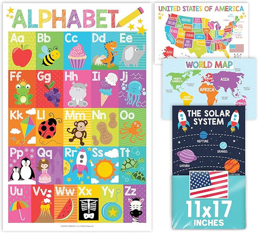 4 Alphabet, Map of United States, World Map, & Solar System Posters - Laminated ABC Charts for Toddlers Wall Decor, Colorful Posters for Kindergarten, Prek Classroom or Homeschool 11x17