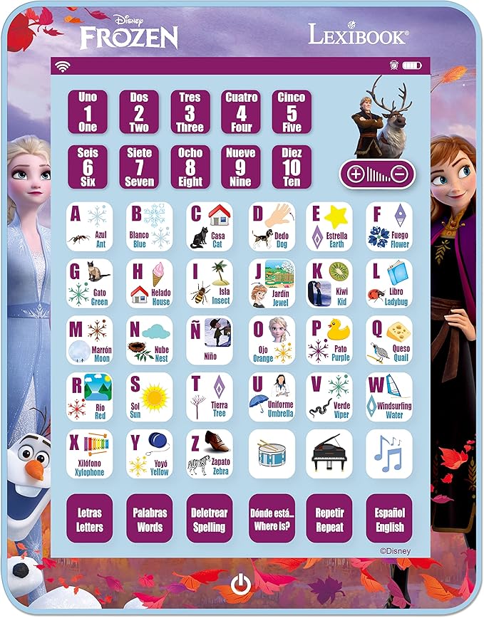 LEXiBOOK Disney Frozen, Educational Bilingual Learning Tablet, Learn Letters Numbers Words Spelling and Music, English/Spanish Languages, Blue, JCPAD002FZi2