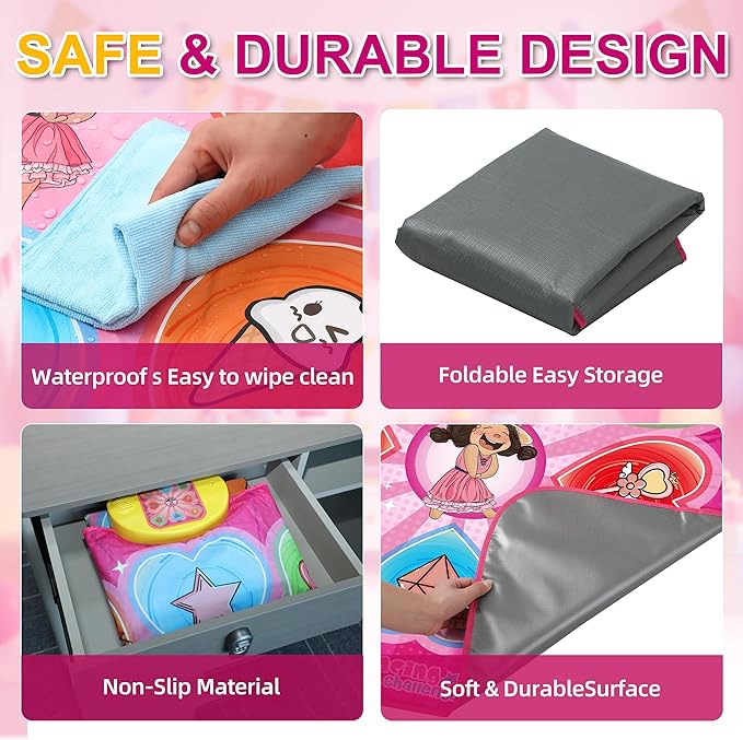 Kids Pink Anime Dance Mat, Foldable Easy-Store, Soft Non-Slip Easy-Clean, Built-in 5 Songs & Multiple Fun Challenge Stages, Boost Sports Talent, Ideal for Child Ages 3+
