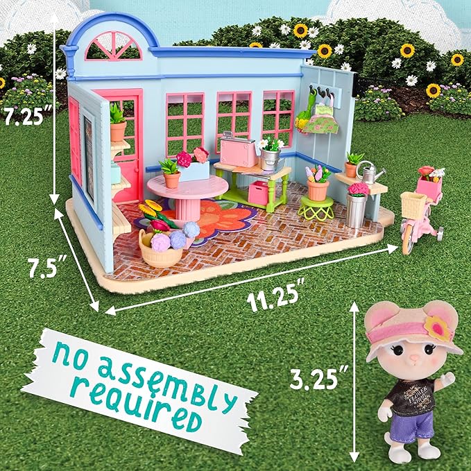 Honey Bee Acres in Bloom Flower Shop, Complete Dollhouse with Miniature Doll Figure, 59 Pieces