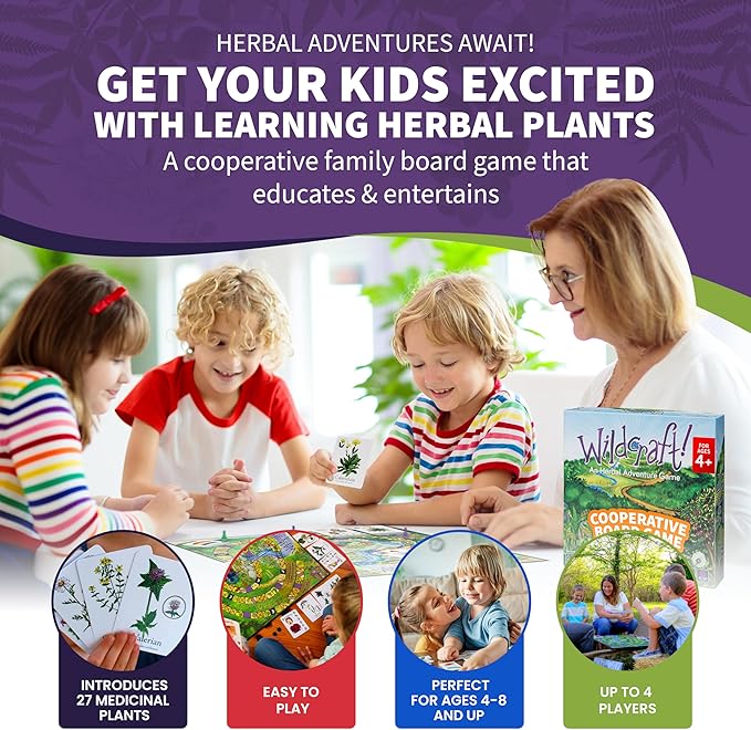 Wildcraft! Herbal Adventure Cooperative Board Game – Educational Board Game for Kids 4+ & Families – Learn 25 Herbs Through Play – Nature Inspired Learning Game w/Coloring Book & Plant Guide