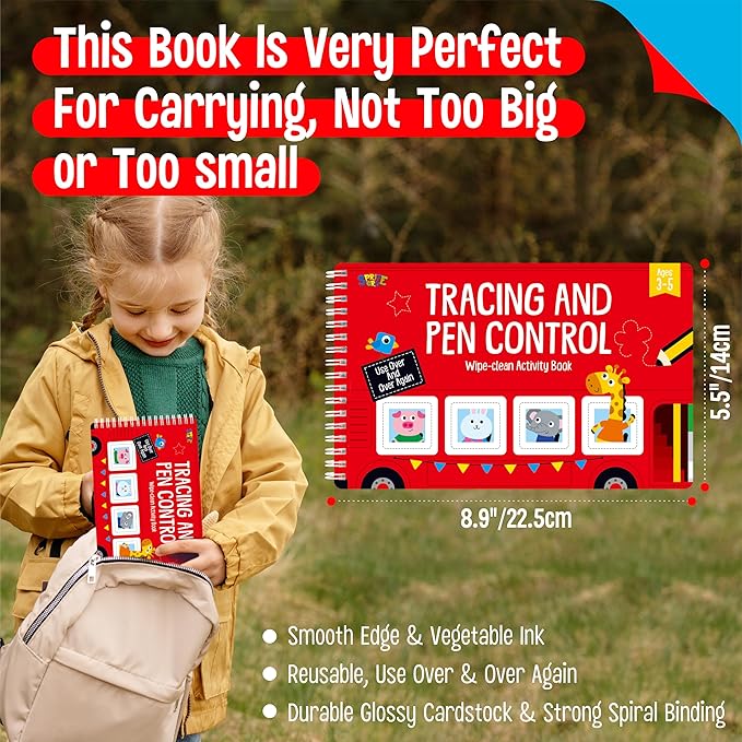 Tracing & Pen Control Pad for Kids, 30 Pages Reusable & Erasable Handwriting & Drawing Practices, Alphabet ABC and Number 123 Tracing Workbook Educational Montessori Tool for Autism, Toddlers 3-5