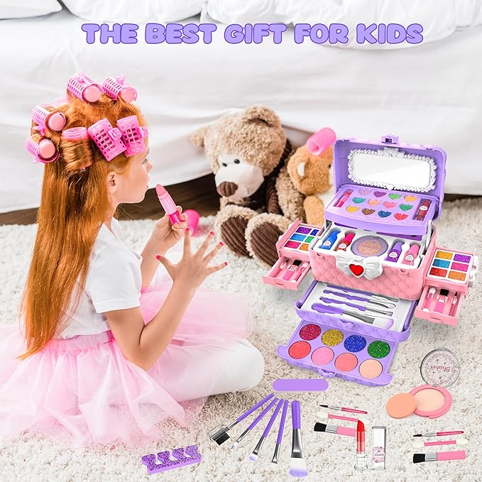 54 Pcs Kids Makeup Kit for Girls, Princess Real Washable Pretend Play Cosmetic Set Toys with Mirror, Birthday Gifts for 3 4 5 6 7 8 9 10+Years Old Girls Kids (Light Purple)