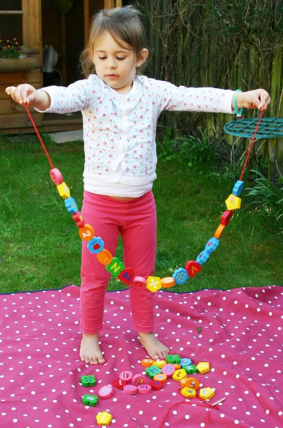 TOWO Wooden Alphabet Number Blocks – Letters ABC Threading Beads Sorting Toy 46 Pieces - Lacing Puzzle- Educational Color Matching Toys for 3 Years Old Fine Motor STEM Montessori Learning