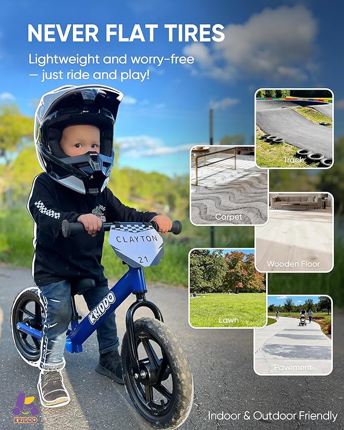 KRIDDO Toddler Balance Bike 2 Year Old, Age 18 Months to 5 Years Old, 12 Inch Push Bicycle with Customize Plate (3 Sets of Stickers Included), Steady Balancing, Gift Bike for 2-3 Boys Girls, Blue