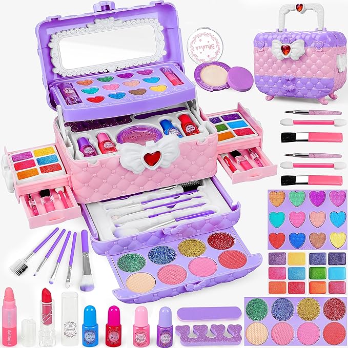 54 Pcs Kids Makeup Kit for Girls, Princess Real Washable Pretend Play Cosmetic Set Toys with Mirror, Birthday Gifts for 3 4 5 6 7 8 9 10+Years Old Girls Kids (Light Purple)