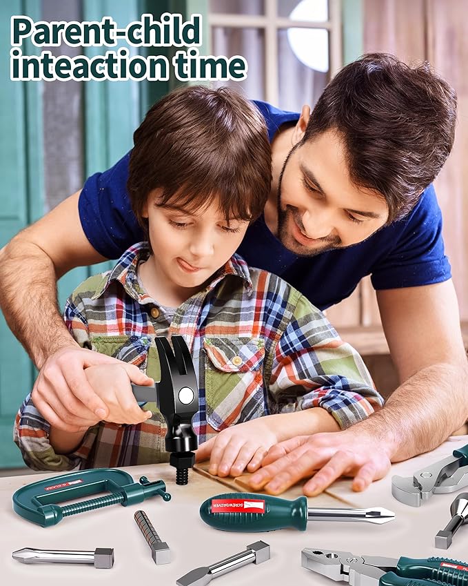 Deejoy Tool Set with Tool Box & Electronic Toy Drill, Pretend Play Kids Construction Kits for Kids Ages 3-5 Years Old, Toddler Boy Toys (Green)