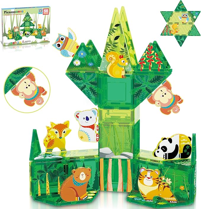 PicassoTiles Magnet Tile Building Blocks Forest Animal Theme Toy Set with 8 Character Action Figures Educational STEM Learning Construction Kit Pretend Play Magnetic Tiles Preschool Kids Ages 3+ PTQ16