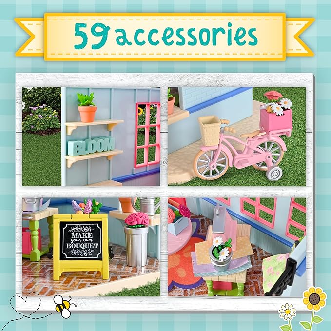 Honey Bee Acres in Bloom Flower Shop, Complete Dollhouse with Miniature Doll Figure, 59 Pieces