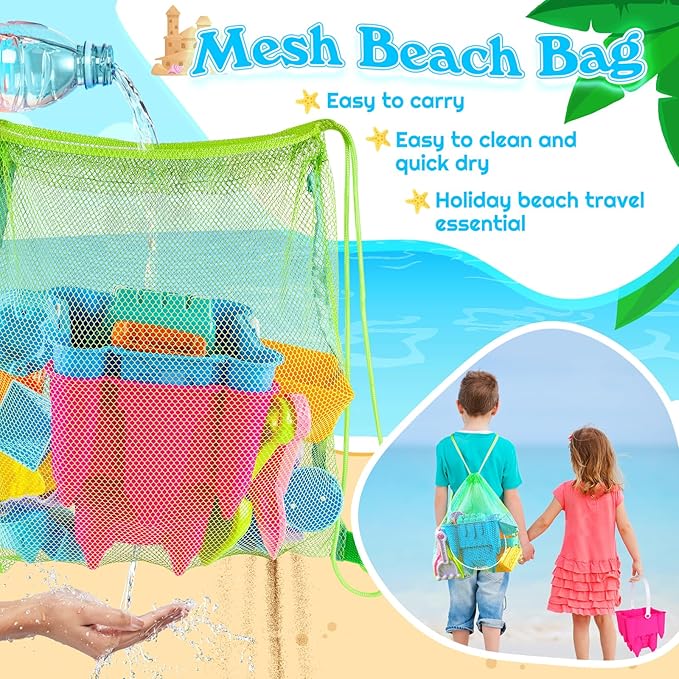 Beach Toys Sand Toys for Kids, Sand Castle Toys for Beach with 2 Castle Bucket and Mesh Bag, Sand Molds, Shovels and Rakes, Sandbox Toys for Toddlers, Travel Beach Toys for Kids 3-10
