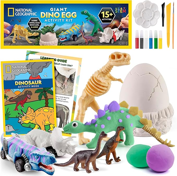National Geographic Giant Dinosaur Egg Activity Kit – 15+ Dino Crafts, Painting Cars, Clay Models, Dig Brick, Stickers & Learning Guide, Dinosaur Science Toy for Boys & Girls