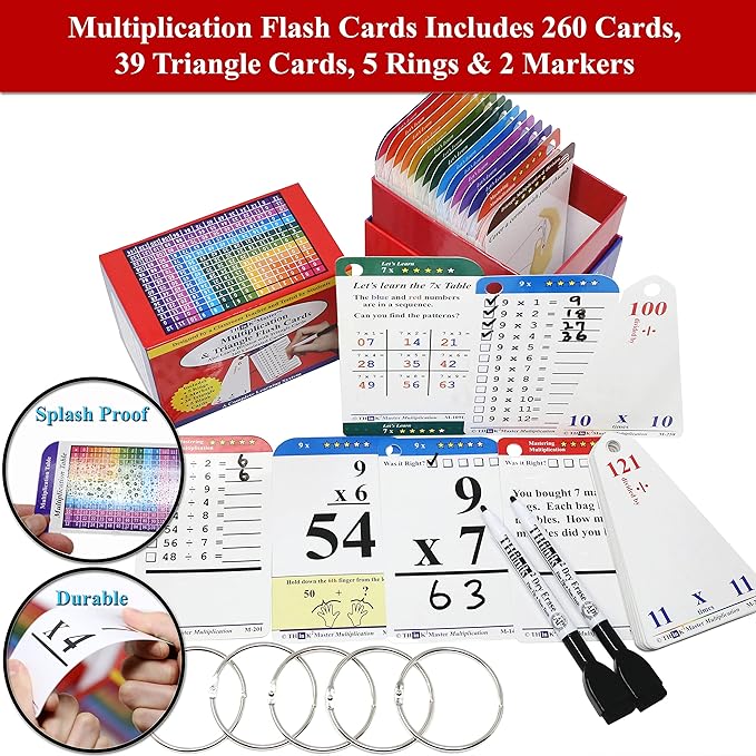 Think2Master Addition, Subtraction & Multiplication Flash Cards. This 3 Pack Includes 780 Laminated Cards to Learn How to add, Subtract, Multiply, Divide. Plus 6 Dry Erase Markers & 15 Rings