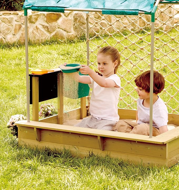 Hape All-in-one Sandbox Cabana Kit | Garden Sand Pit with Waterproof Sunshade, Activity Table, Water Play Station, Roleplay Kitchen and More | Outdoor Sandpit with Garden Toys