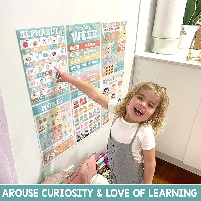 BEAWART 16 Boho Groovy Educational Posters for Preschoolers - Laminated Pre-K and Kindergarten Learning Poster Charts for Toddlers 1-3-5 - Homeschool and Classroom Decor for Kids' Walls