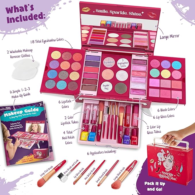 Kids Makeup Kit for Girls - Non-Toxic Real Washable Make Up Set for Little Girls - Pretend Play Toy Birthday Gift Idea for Girl Ages 3, 4, 5, 6, 7, 8, 9, 10 Year Old