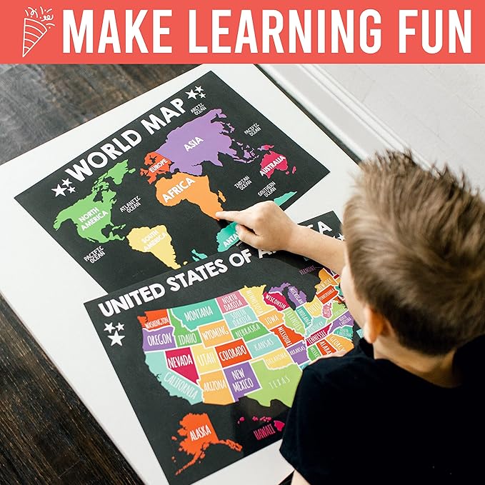 Hadley Designs 4 Alphabet, Map of United States, World Map, & Solar System Posters - Laminated ABC Charts for Toddlers Wall Decor, Chalk Posters for Kindergarten, Prek Classroom or Homeschool 11x17