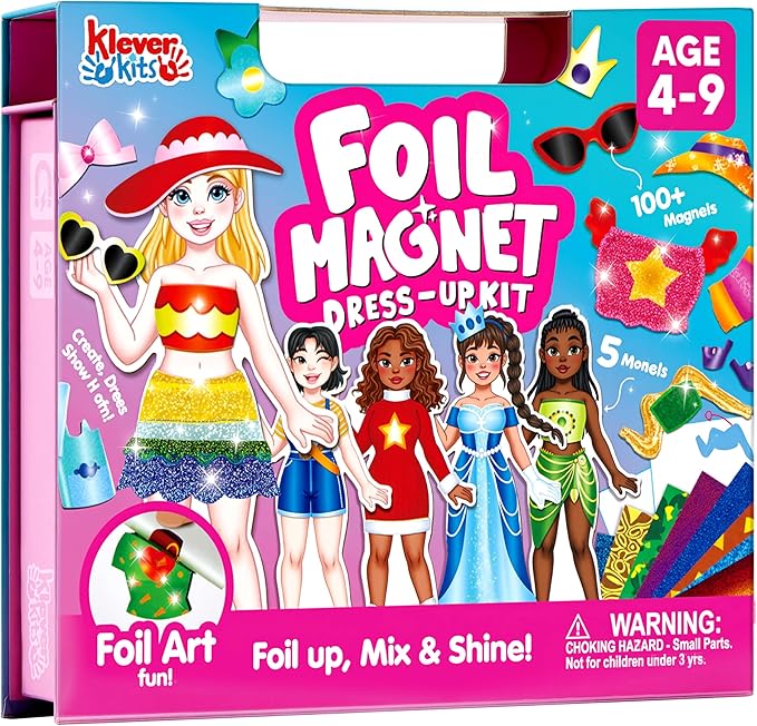 Klever Kits Foil Magnet Dress-Up Kit, 2-in-1 Fashion DIY Craft for Kids Paper Dolls for Girls Ages 4 5 6 7 8 9 Travel Activity Birthday Gifts with Display Box by Jova