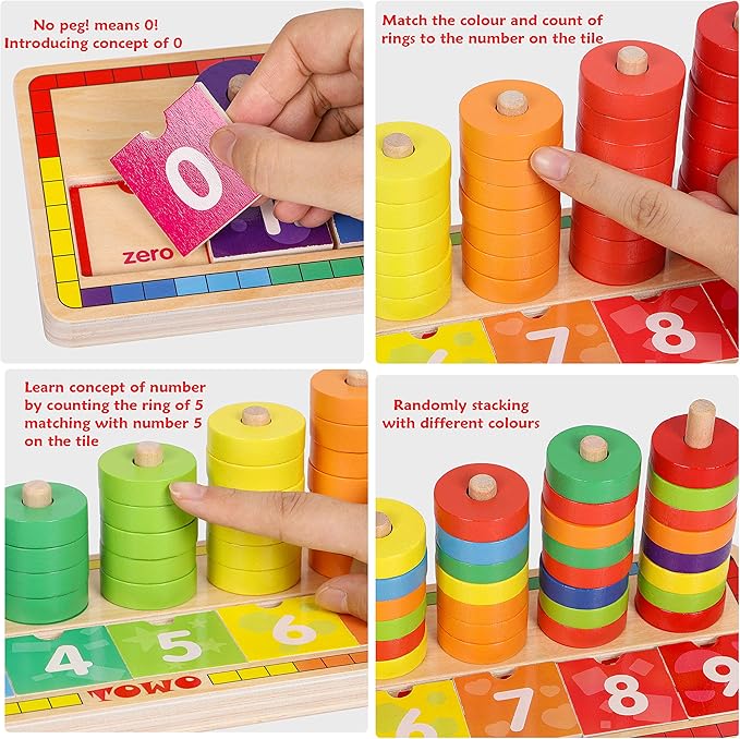 TOWO Wooden Stacking Rings and Counting Games with 45 Rings Number Blocks- Counting Ring Stacker-Wooden Sorting Counting Toy for 3 Years Old Kids Maths Learning Montessori Materials