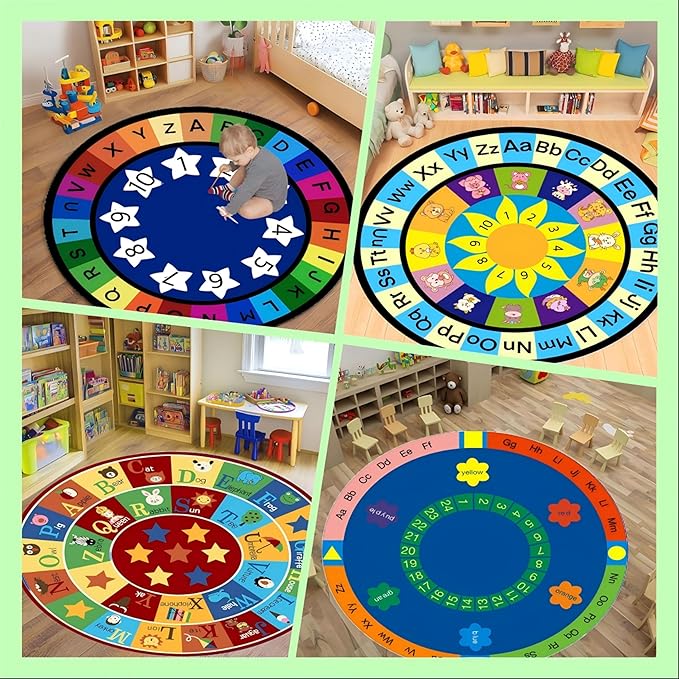 Round Kids Area Rug,4ft,ABC Letters and Numbers Early Learning Rug, Colorful Windmill Kite Design Non-Slip Rug for Classroom Playroom, Boys Girls Bedroom Decoration