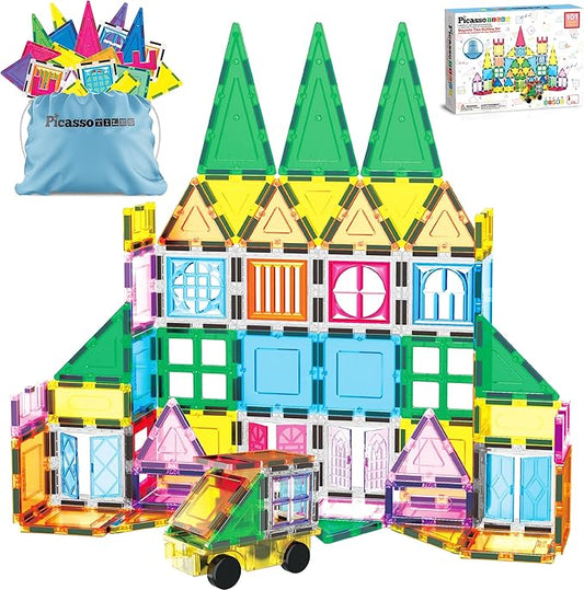 PicassoTiles 101 Piece Magnetic Tile Building Blocks Set with Durable Storage Bag STEM Educational Construction Magnet Toy Kit for Toddlers Preschool Kids Boys Girls Age 3 Plus Indoor Learning PT06