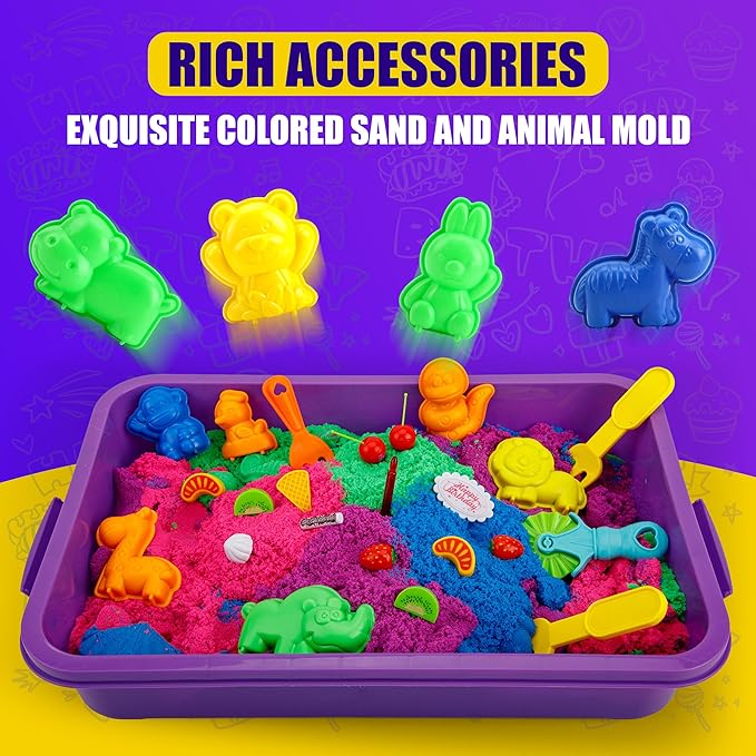 Asoxt Sensory Bin for Boy Girl Kid Toy - 43pcs Play Sand Art Kit with Sandbox, 4lb Color Sand, 17 Molds, Sensory Toy Birthday Gift for Girl Toddler Ages 3-8
