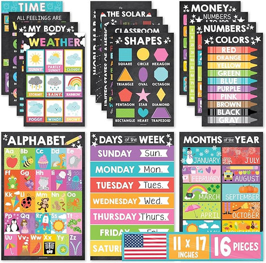 Hadley Designs 16 Educational Posters for Classroom Decor - Chalkboard Educational Posters for Toddlers 1-3, Toddler Learning Poster for Kids Ages 3-5, Kindergarten & Preschool Classroom Must Haves