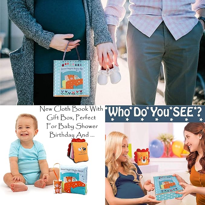 bebe mondo Teddy Bear Baby Book Activity Quiet Cloth Soft Books Developmental Toys Interactive Baby Books for Babies Toddlers Infants, Tummy Time Mirror Toy Gifts for Boys Girl, Goodnight W Box