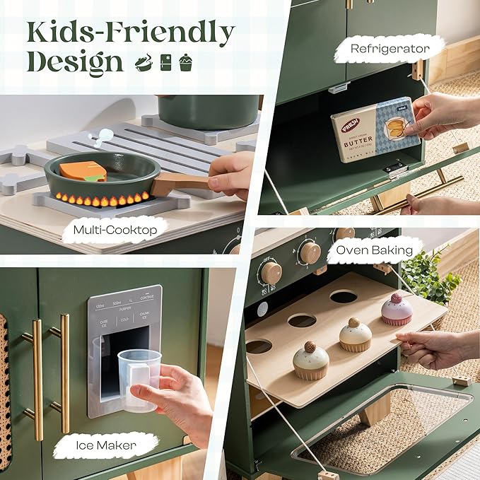 ROBUD Play Kitchen for Kids Toddlers - Wooden Toy Kitchen Set with Play Oven, Play Fridge, 3-in-1 Kids Kitchen Pretend Playset for Girls & Boys 3+