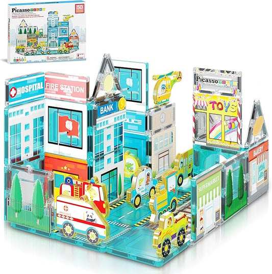 PicassoTiles Metro City Hospital Magnetic Tile Building Set with 8 Vehicles and Figures Educational Magnet Blocks Construction for Kids Age 3 Plus STEM Role Play Town Imagination Learning Toy PTQ14