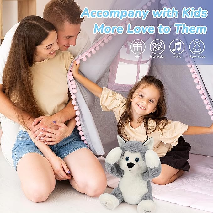 Hopearl Peek A Boo Husky Interactive Repeats What You Say Plush Dog Toy Musical Singing Talking Stuffed Animal Adorable Electric Animate Birthday Festival, Gray, 11.5''