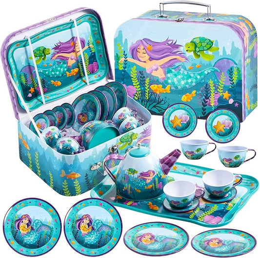 JOYIN Mermaid Tea Party Set for Little Girls, Pretend Tin Teapot Set, Princess Tea Time Play Kitchen Toy with Teapot, Cups, Plates, Carrying Case for Christmas Birthday Gifts Kids Toddlers Age 3 4 5 6