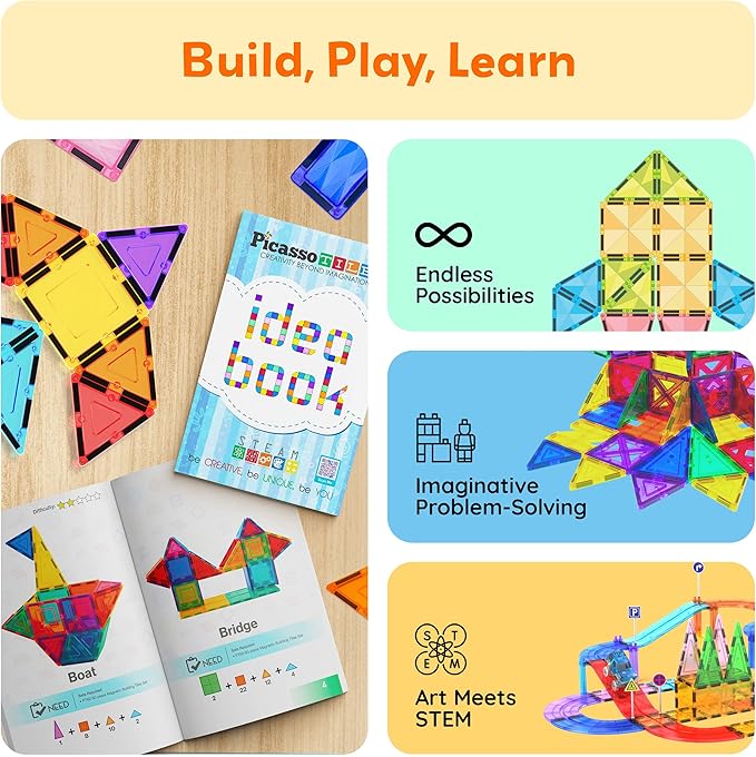 PicassoTiles Magnetic Tile Building Idea Book 230 Pages Illustrated Design Guide with 300 Creative Builds for Kids STEM Learning Creativity and Brain Development Educational Toy Ages 3 Plus PTIDEABOOK