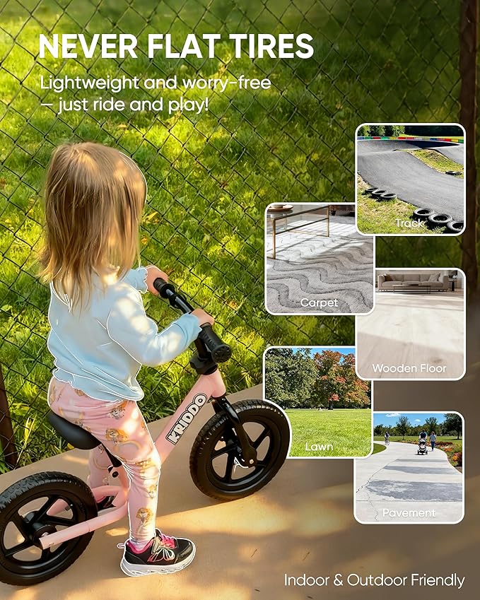 KRIDDO Toddler Balance Bike 2 Year Old, Age 24 Months to 5 Years Old, 12 Inch Push Bicycle with Customize Plate (3 Sets of Stickers Included), Steady Balancing, Gift Bike for 2-3 Boys Girls, Pink