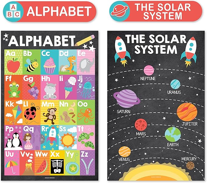 Hadley Designs 4 Alphabet, Map of United States, World Map, & Solar System Posters - Laminated ABC Charts for Toddlers Wall Decor, Chalk Posters for Kindergarten, Prek Classroom or Homeschool 11x17