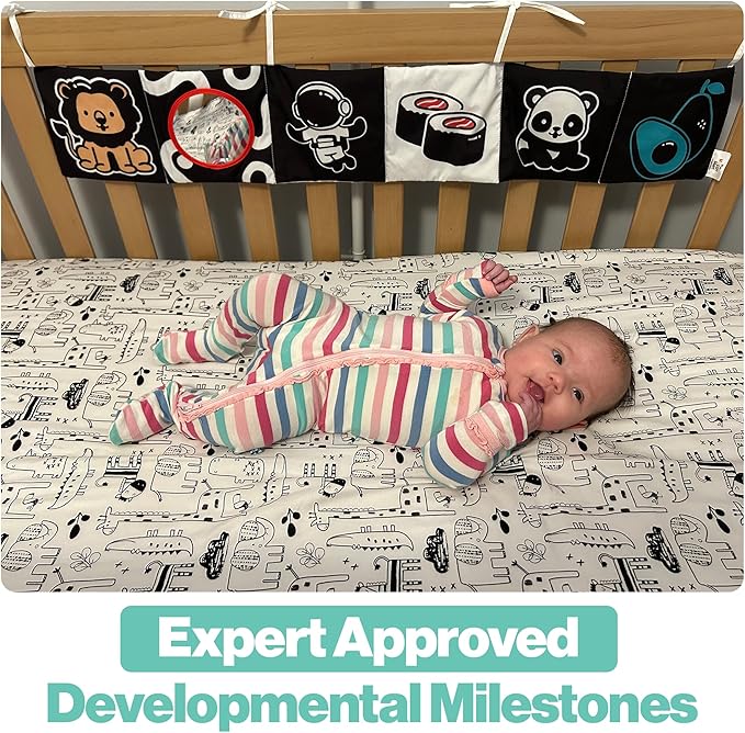 Happy Start High Contrast Baby Soft Book - Sensory Cloth Book for Newborns and Infants 0-12 Months with Mirror, Crinkle & Squeaker | Baby Tummy Time Toy, Crib, Stroller & Travel Developmental Toy