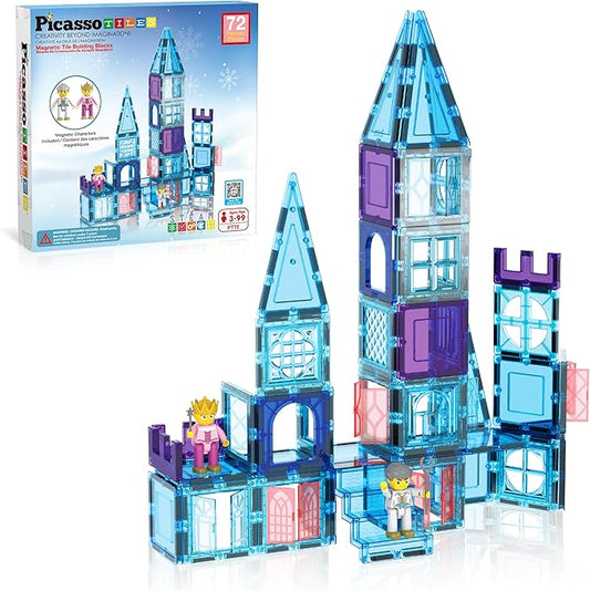 PicassoTiles 72 Piece Magnetic Building Tiles Castle Winter Ice Theme Construction Magnet Block Set with Princess Prince Character Stairs Windows Doors STEM Learning Educational Toy Kids Ages 3+ PT72