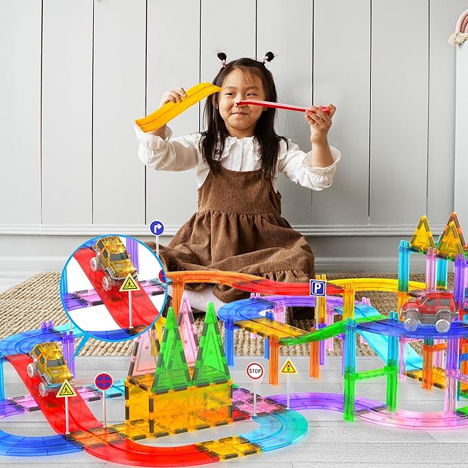 PicassoTiles 6 Piece Magnetic Tiles Race Track Ramp Accessories STEM Building Blocks Toys Magnet Tile Educational Construction Playset Boys Girls Brain Development and Creative Pretend Play Toy PTR06