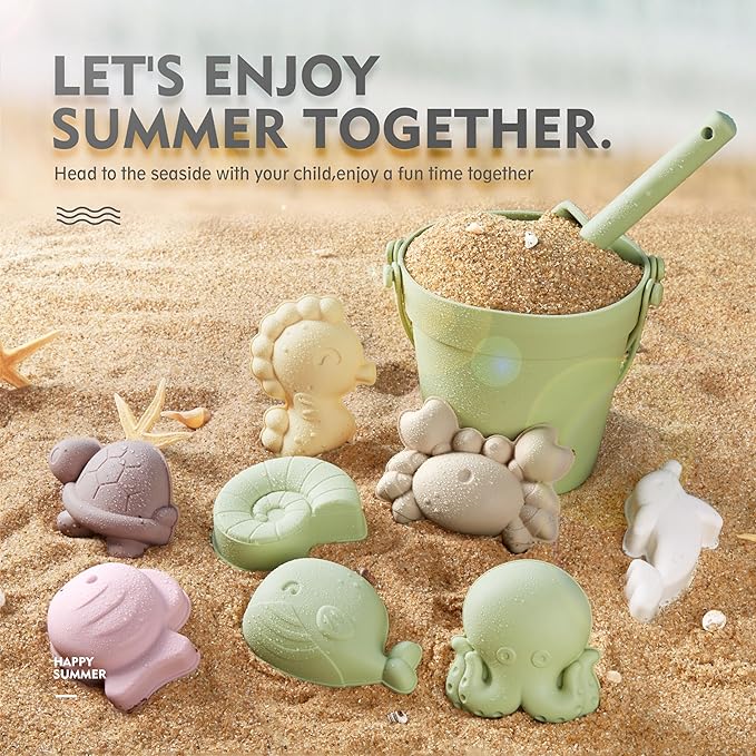 MarcZero 11Pcs Silicone Beach Toys,Modern Baby Beach Toys,Travel Friendly Beach Set,Silicone Bucket, Shovel, 8 Sand Molds, Beach Bag, Sand Toys for Toddlers, Kids (Green)