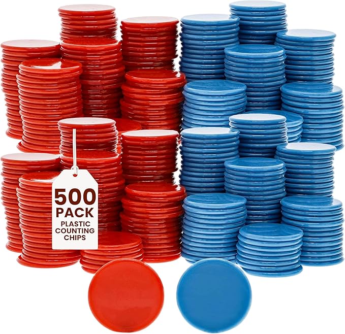 Juvale Plastic Counting Chips for Kids Math, Bingo & Poker Games, 500 Pack – 1 Inch Red and Blue Two-Color Counters for Classroom Learning, Sorting, Probability, Math Manipulatives & Game Tokens