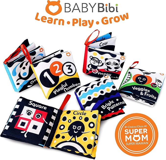 Cloth Books (Set of 6). High Contrast Soft Books. Black and White Images Encourage Infant Development – Suitable for Babies and Toddlers from 3 Months