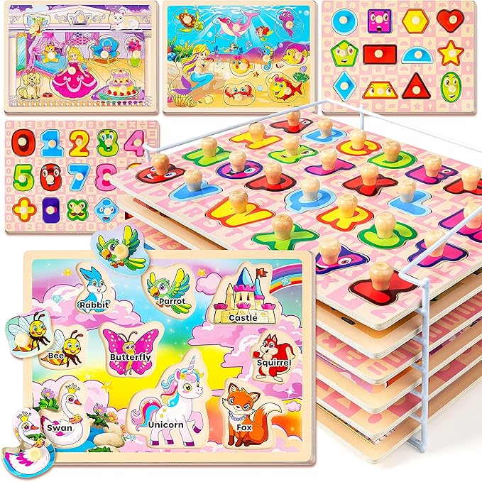 SYNARRY Wooden Puzzles for Toddlers 1-3, 6XSET Toddlers Puzzles Ages 1-3 with Rack, Learning Alphabet Number Shape Unicorn Princess Mermaid Animal, Christmas Toys Gifts for 1 2 3 Years Old Girl Gifts