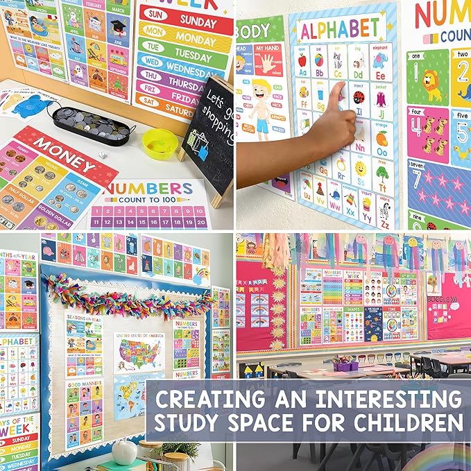 BEAWART 18 Laminated Educational Posters For Toddlers, Preschool Posters for Classroom, Kindergarten Wall Decor, PreK Learning Materials Alphabet Number Chart