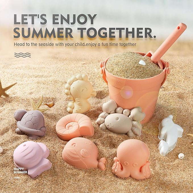 MarcZero 11Pcs Silicone Beach Toys,Modern Baby Beach Toys,Travel Friendly Beach Set,Silicone Bucket, Shovel, 8 Sand Molds, Beach Bag, Sand Toys for Toddlers, Kids (Peach)