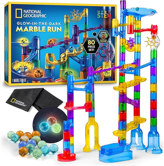 NATIONAL GEOGRAPHIC Glowing Marble Run – Construction Set with 15 Glow in The Dark Glass Marbles & Storage Bag, STEM Gifts for Boys and Girls, Building Project Toy (Amazon Exclusive)