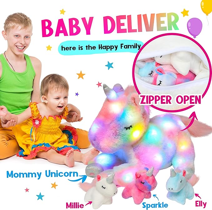 Hopearl LED Plush Unicorn Lighting Up Stuffed Mommy Unicorn with 3 Baby Unicorns in her Tummy Stuffed Animal Playset Night Lights Glow in The Dark for Mom Toddler Girls, Rainbow, 19''