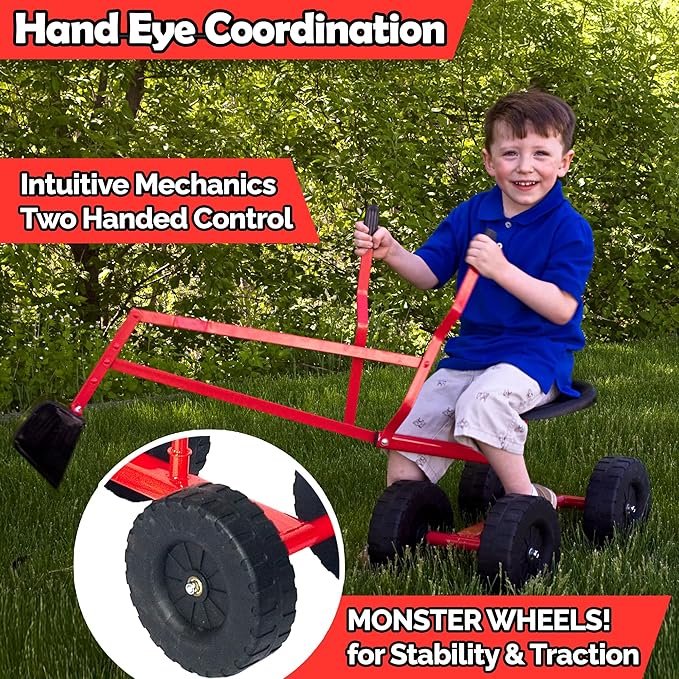 WONKAWOO Monster Wheel Sand Digger for Kids, 360° Rotation Metal Crane Excavator Backhoe Ride On Toy for Beach, Sandbox Digging and Outdoor Playground