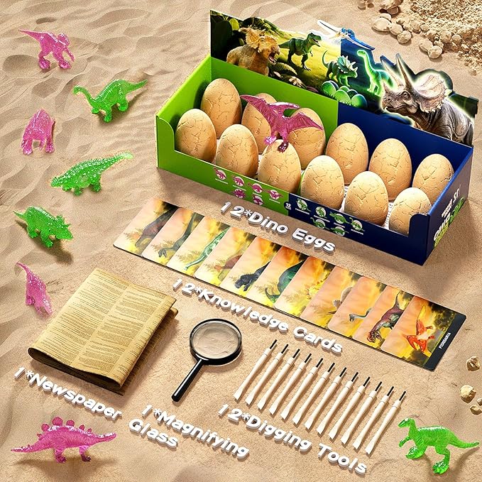 12 Glow in The Dark Dinosaur Eggs, Dig Kit Toys for Kids, Surprise Dinosaur Eggs Excavation Kit with Magnifier, STEM Birthday Party Favor Gifts for Boys Girls Age 3 4 5 6 7 8 9 10 + Years Old